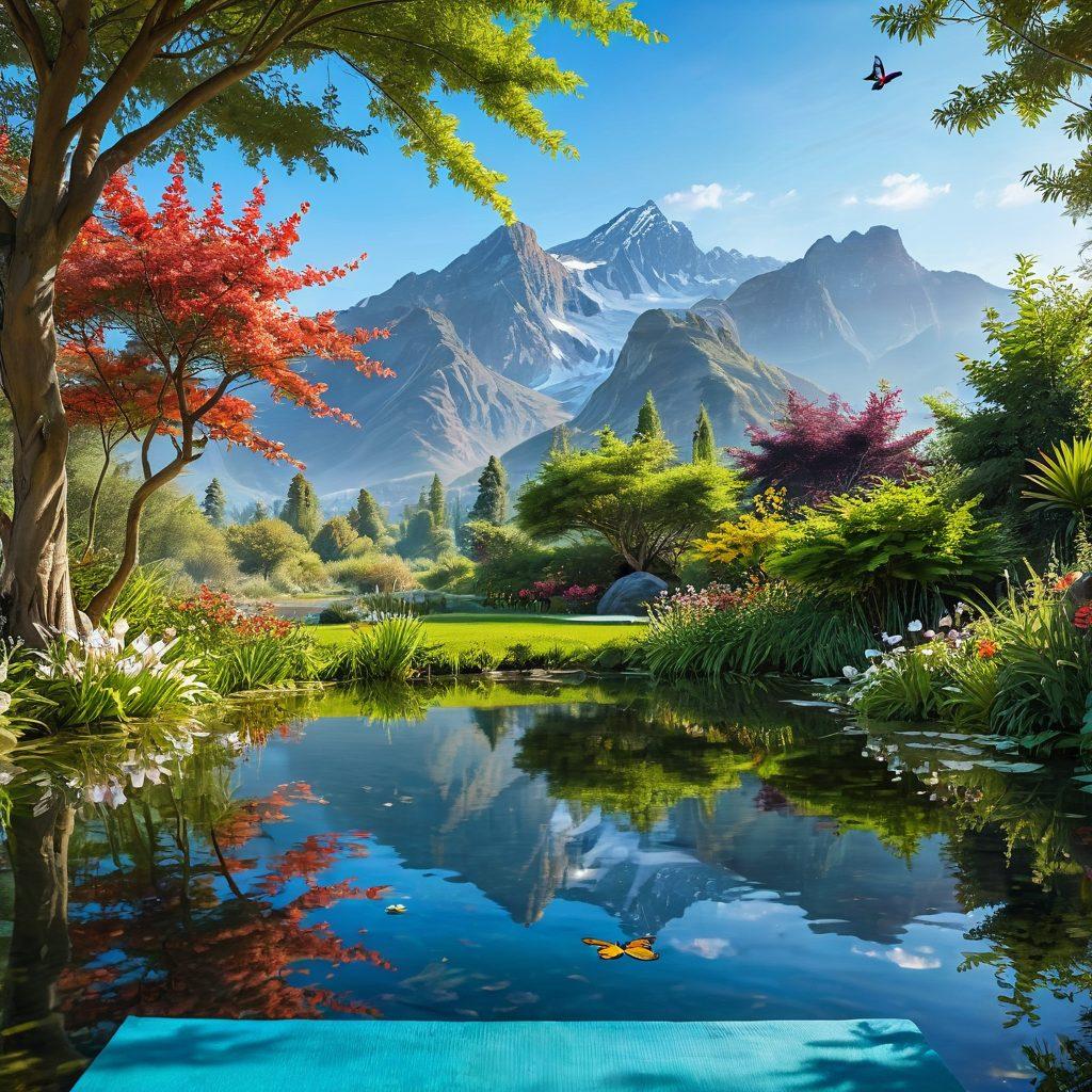 A tranquil garden scene illuminated by soft morning light, with a serene pond reflecting colorful blossoming flowers and green foliage. A person is meditating peacefully on a yoga mat beside the pond, accompanied by fluttering butterflies and chirping birds. The background shows a distant mountain range and a clear blue sky, representing calmness and joy. super-realistic. vibrant colors.