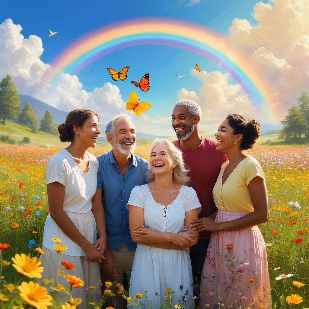 A serene, sunlit meadow with diverse people of different ages and backgrounds smiling and interacting joyfully. Surrounding elements include blooming flowers, a rainbow in the clear blue sky, and gentle butterflies fluttering about. A subtle golden hue bathes the scene, highlighting expressions of joy, love, and fulfillment on the characters' faces. painting. vibrant colors.