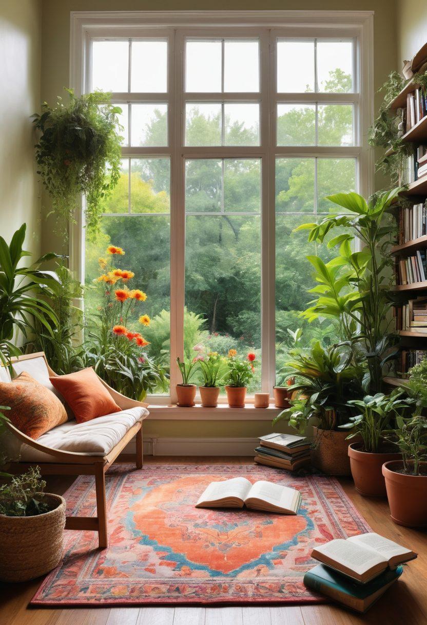 A sunlit room with a person joyfully performing morning stretches, surrounded by vibrant plants, a cozy reading nook with a stack of books and a steaming cup of tea, and a journal with a pen beside it. Include a window showing a bright, floral garden outside. painting. vibrant colors. warm, inviting atmosphere.